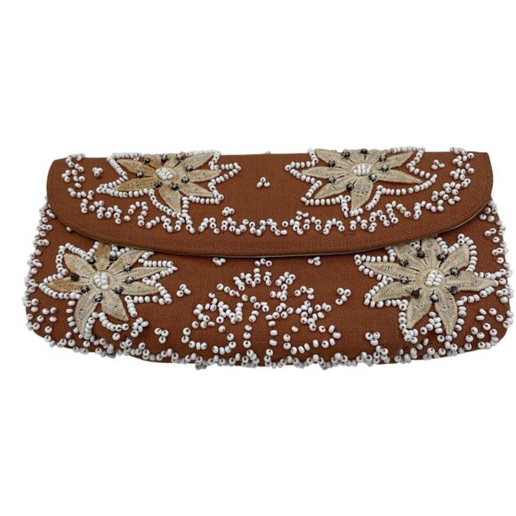 Vintage Rust Fabric Beaded Floral Embroidered Clutch Purse Snap Closure 9x5" - Picture 1 of 9